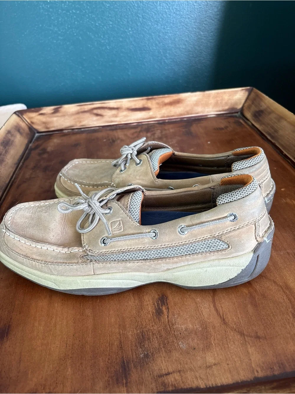 Sperry Men’s Tan and Gray Leather Mesh Boat Shoes